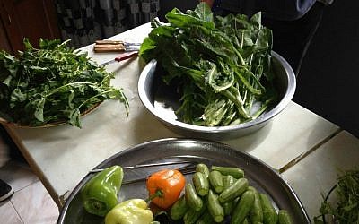 Chubeza, wild endive and a platter of zucchini and peppers ready to be hollowed at Nazira Madi's home in Arrabeh (photo credit: Jessica Steinberg/Times of Israel)