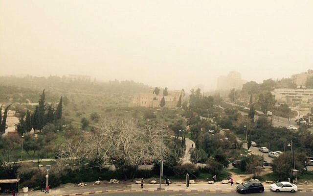 A sandstorm engulfs the Valley of the Cross, Jerusalem (photo credit: Courtesy/ Davida Kutscher)
