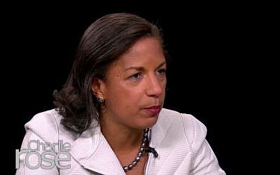 US National Security Adviser Susan Rice during an interview with Charlie Rose on the Public Broadcast Service, February 24, 2015. (screen capture: YouTube/Charlie Rose) US National Security Adviser Susan Rice during an interview with Charlie Rose on the Public Broadcast Service, February 24, 2015. (screen capture: YouTube/Charlie Rose)