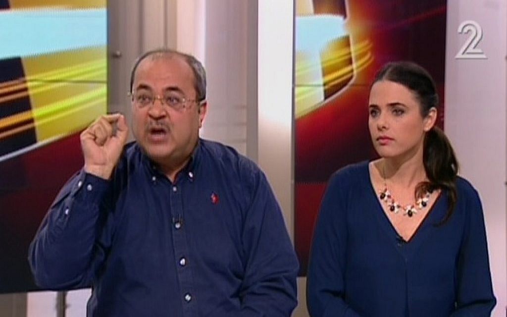 Ahmed Tibi (Joint Arab List) and Ayelet Shaked (Jewish Home) interviewed on Channel 2 on February 9, 2015. (photo credit: Screen capture, Channel 2) Ahmed Tibi (Joint Arab List) and Ayelet Shaked (Jewish Home) interviewed on Channel 2 on February 9, 2015. (photo credit: Screen capture, Channel 2)