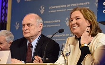 Tzipi Livni and Malcolm Hoenlein, Executive Vice President of the Conference of Presidents of Major American Jewish Organization, in Jerusalem on Thursday, February 19, 2015. (photo credit: Courtesy Conference of Presidents)