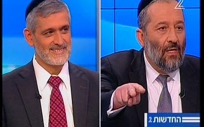 Eli Yishai, left, and Aryeh Deri arguing during a televised debate on February 26, 2015. (Screen capture: Channel 2)