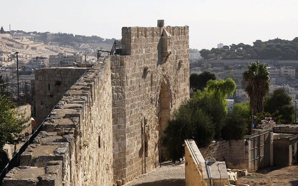 End of the walk: Zion Gate viewed from the Old City of Jerusalem ramparts (photo credit: Shmuel Bar-Am)