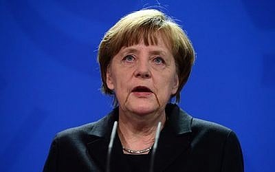 German Chancellor Angela Merkel gives a statement in commemoration of the Germanwings plane crash victims, at the Chancellery in Berlin,  March 26, 2015. (photo credit: AFP/JOHN MACDOUGALL) 