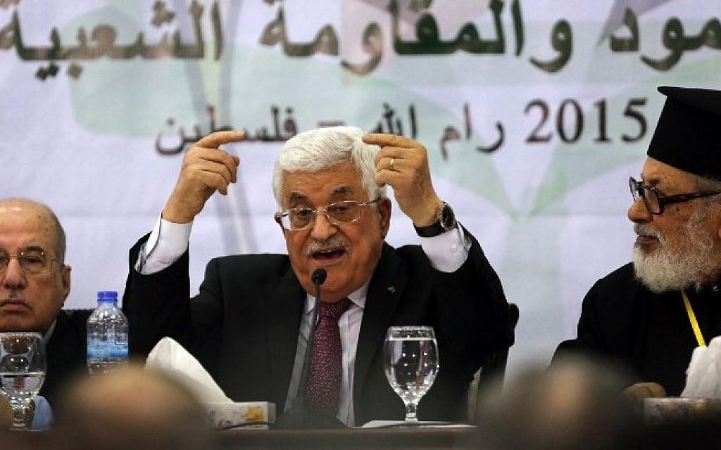 PA President Mahmoud Abbas addresses the Palestinian leadership at the opening of a two-day conference in the West Bank city of Ramallah to discuss the future of the Palestinian Authority, on March 4, 2015. (Photo credit: AFP/ABBAS MOMANI) PA President Mahmoud Abbas addresses the Palestinian leadership at the opening of a two-day conference in the West Bank city of Ramallah to discuss the future of the Palestinian Authority, on March 4, 2015. (Photo credit: AFP/ABBAS MOMANI)