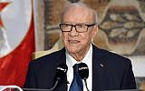 Tunisian President Beji Caid Essebsi speaks during a press conference on March 22, 2015 following his visit at the National Bardo Museum in Tunis to pay tribute to the victims of the deadly attack claimed by the Islamic State group. (photo credit: AFP/FETHI BELAID
