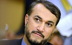 Iranian Deputy Foreign Minister Hossein Amir-Abdollahian gives a press conference at Bayan palace in Kuwait City, March 31, 2015. (photo credit: AFP/STR)