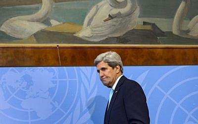 US Secretary of State John Kerry arrives to a press briefing on March 2, 2015 at the opening day of UN human right council session at the United Nations offices in Geneva. (photo credit: Fabrice Coffrini/AFP) 