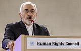Iranian Foreign Minister Mohammad Javad Zarif delivers a speech  at the opening day of UN Human Rights council session at the United Nations offices in Geneva on March 2, 2015. (AFP/FABRICE COFFRINI)