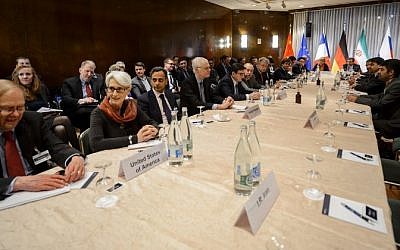 US Undersecretary of State for Political Affairs Wendy Sherman (2nd left) at the opening of nuclear talks between Iran and the P5+1 group in Montreux, Switzerland, on March 5, 2015 (photo credit: AFP/Fabrice Coffrini)