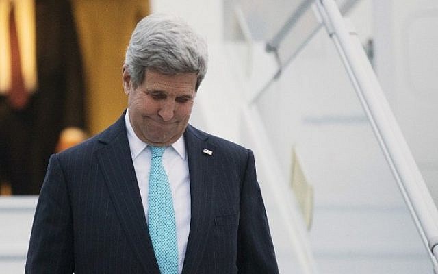 US Secretary of State John Kerry disembarks from his plane in Geneva on March 15, 2015. (photo credit: AFP/Brian Snyder, Pool) US Secretary of State John Kerry disembarks from his plane in Geneva on March 15, 2015. (photo credit: AFP/Brian Snyder, Pool)