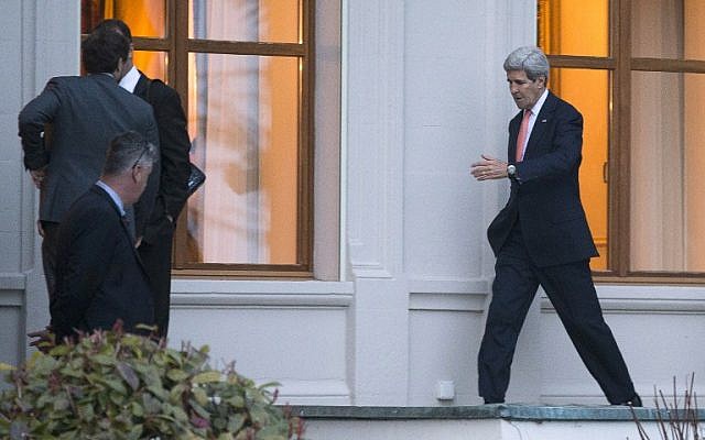 US Secretary of State John Kerry (right) walks back into a negotiation session with Iran's foreign minister over Iran's nuclear program, in Lausanne, Switzerland, on March 19, 2015. (photo credit: AFP/Brian Snyder, Pool) US Secretary of State John Kerry (right) walks back into a negotiation session with Iran's foreign minister over Iran's nuclear program, in Lausanne, Switzerland, on March 19, 2015. (photo credit: AFP/Brian Snyder, Pool)