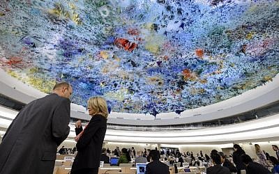 File: Delegates speak prior to the opening of a session of the Human Right Council on March 23, 2015 in Geneva. (Fabrice Coffrini/AFP/)