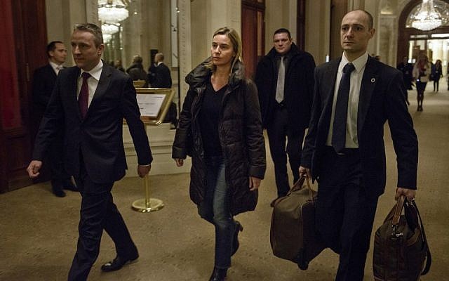 European Union High Representative Federica Mogherini, center, arrives at the Beau Rivage Palace Hotel March 28, 2015 in Lausanne, Switzerland, during Iran nuclear talks. (photo credit: AFP/POOL/BRENDAN SMIALOWSKI) European Union High Representative Federica Mogherini, center, arrives at the Beau Rivage Palace Hotel March 28, 2015 in Lausanne, Switzerland, during Iran nuclear talks. (photo credit: AFP/POOL/BRENDAN SMIALOWSKI)