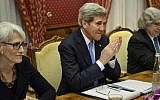 US Under Secretary for Political Affairs Wendy Sherman (L), US Secretary of State John Kerry (C) and US Secretary of Energy Ernest Moniz wait to start a meeting with Iranian Foreign Minister Javad Zarif and others at the Beau Rivage Palace Hotel March 29, 2015 in Lausanne, Switzerland. (photo credit: Brendan Smialowski/AFP)