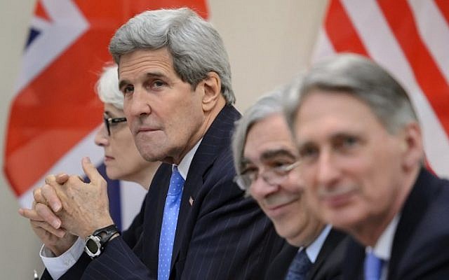 From left to right: US Under Secretary for Political Affairs Wendy Sherman, US Secretary of State John Kerry, US Secretary of Energy Ernest Moniz and British Foreign Secretary Philip Hammond wait for a P5+1 meeting at the Beau Rivage Palace Hotel March 29, 2015 in Lausanne. (photo credit: AFP / FABRICE COFFRINI) From left to right: US Under Secretary for Political Affairs Wendy Sherman, US Secretary of State John Kerry, US Secretary of Energy Ernest Moniz and British Foreign Secretary Philip Hammond wait for a P5+1 meeting at the Beau Rivage Palace Hotel March 29, 2015 in Lausanne. (photo credit: AFP / FABRICE COFFRINI)