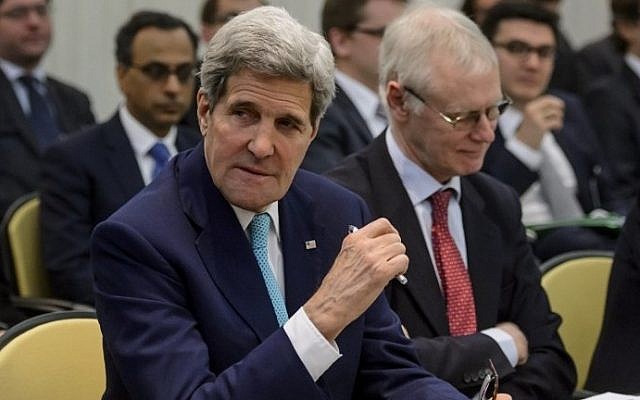 US Secretary of State John Kerry (L) gestures waiting for the opening of a plenary session with P5+1 ministers, European Union and Iranian minister on Iran nuclear talks at the Beau Rivage Palace Hotel in Lausanne, Switzerland, on March 31, 2015. (photo credit: AFP/FABRICE COFFRINI) US Secretary of State John Kerry (L) gestures waiting for the opening of a plenary session with P5+1 ministers, European Union and Iranian minister on Iran nuclear talks at the Beau Rivage Palace Hotel in Lausanne, Switzerland, on March 31, 2015. (photo credit: AFP/FABRICE COFFRINI)