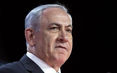 Prime Minister Benjamin Netanyahu addresses the American Israel Public Affairs Committee (AIPAC) policy conference in Washington, DC, on March 2, 2015. (photo credit: Nicholas Kamm/AFP) 