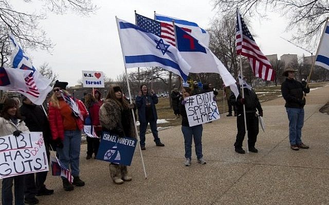 Supporters of Israel rally at the US Capitol where Prime Minister Benjamin Netanyahu was addressing a joint session of Congress in Washington, DC, on March 3, 2015 (Photo credit: Andrew Cabarello-Reynolds/AFP) Supporters of Israel rally at the US Capitol where Prime Minister Benjamin Netanyahu was addressing a joint session of Congress in Washington, DC, on March 3, 2015 (Photo credit: Andrew Cabarello-Reynolds/AFP)