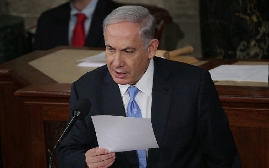 Prime Minister Benjamin Netanyahu speaks during a joint meeting of the United States Congress in the House chamber at the US Capitol March 3, 2015 in Washington, DC (photo credit: Alex Wong/Getty Images/AFP)