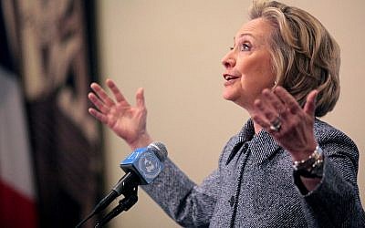 Former US secretary of state Hillary Clinton speaks to the media after keynoting a Women's Empowerment Event at the United Nations March 10, 2015 in New York City. (photo credit: AFP/Yana Paskova/Getty Images)
