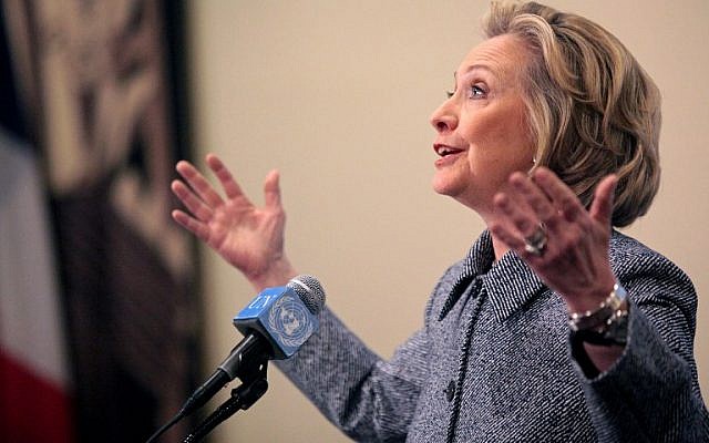 Former US secretary of state Hillary Clinton speaks to the media after keynoting a Women's Empowerment Event at the United Nations March 10, 2015 in New York City. (photo credit: AFP/Yana Paskova/Getty Images) Former US secretary of state Hillary Clinton speaks to the media after keynoting a Women's Empowerment Event at the United Nations March 10, 2015 in New York City. (photo credit: AFP/Yana Paskova/Getty Images)