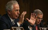 Senator Bob Corker (left), speaks while flanked by ranking member Sen. Bob Menendez during a Senate Foreign Relations Committee hearing on Capitol Hill, in Washington, DC, March 11, 2015 (photo credit: Mark Wilson/Getty Images/AFP)