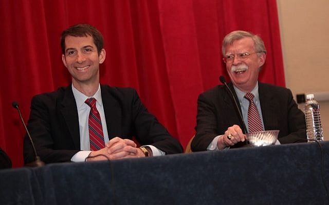 Senator Tom Cotton, left, with John Bolton at a conservative conference in Maryland in February 2015. (photo credit: CC BY-SA Gage Skidmore, Flickr) Senator Tom Cotton, left, with John Bolton at a conservative conference in Maryland in February 2015. (photo credit: CC BY-SA Gage Skidmore, Flickr)