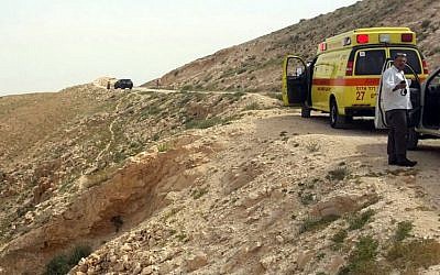 MDA emergency response teams at the scene where an elderly woman plunged to her death in Wadi Qelt, near Jerusalem, March 28, 2015. (photo credit: MDA)