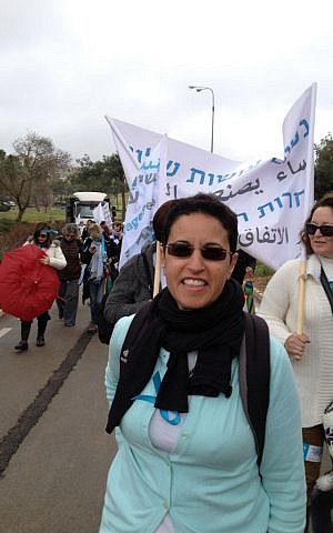 Women Wage Peace activist Yael Elad marches in Jerusalem, March 4, 2015 (photo credit: Elhanan Miller/Times of Israel)