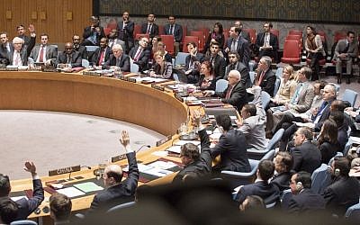 The UN Security Council voting on a resolution on Palestinian statehood on December 30, 2014. The resolution was voted down. (UN/Evan Schneider)