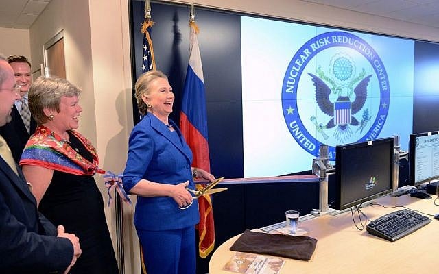 Hillary Clinton at a ribbon-cutting ceremony for the Department of State Modernized Nuclear Risk Reduction Center in 2012. (photo credit: US State Department) Hillary Clinton at a ribbon-cutting ceremony for the Department of State Modernized Nuclear Risk Reduction Center in 2012. (photo credit: US State Department)
