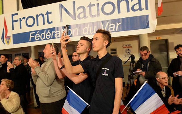 Supporters of the French far-right National Front party (FN) at local elections in La Valette du Var, on March 22, 2015 (photo credit: AFP/Boris Horovat) Supporters of the French far-right National Front party (FN) at local elections in La Valette du Var, on March 22, 2015 (photo credit: AFP/Boris Horovat)