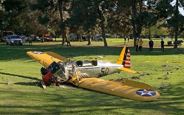 Harrison Ford's plane lies where it crash-landed on Penmar Golf Course in the Venice area of Los Angeles on Thursday, March 5, 2015. (photo credit: AP Photo/Damian Dovarganes) Harrison Ford's plane lies where it crash-landed on Penmar Golf Course in the Venice area of Los Angeles on Thursday, March 5, 2015. (photo credit: AP Photo/Damian Dovarganes)
