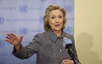Hillary Clinton speaks to reporters at United Nations headquarters, March 10, 2015. (photo credit: AP/Seth Wenig)
