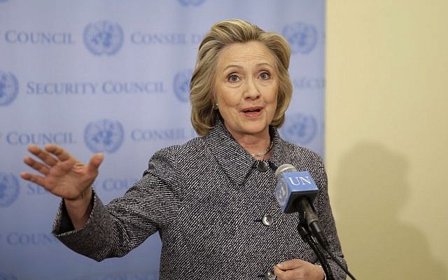 Hillary Clinton speaks to reporters at United Nations headquarters, March 10, 2015. (photo credit: AP/Seth Wenig) Hillary Clinton speaks to reporters at United Nations headquarters, March 10, 2015. (photo credit: AP/Seth Wenig)