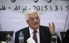 Palestinian Authority President Mahmoud Abbas speaks during a meeting of the Central Council of the PLO in the West Bank city of Ramallah, March 4, 2015. (photo credit: STR/Flash90)