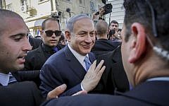 Prime Minister Benjamin Netanyahu in the southern city of Ashkelon on election day, March 17, 2015. (Photo credit: Edi Israel/Flash90)