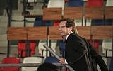 Zionist Union head Isaac Herzog, walks onto the stage at the party's headquarters in Tel Aviv, after the exit polls in the Israeli general elections for the 20th parliament were announced on March 17, 2015. (Photo credit: Hadas Parush/FLASH90)