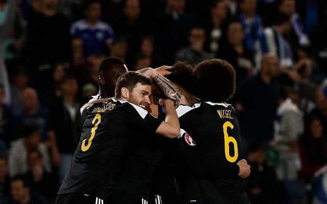 Belgian players celebrate the only goal of their Euro 2016 qualifying match against Israel at the Teddy Stadium in Jerusalem, on March 31, 2015. (Photo credit: Yonatan Sindel/Flash90) Belgian players celebrate the only goal of their Euro 2016 qualifying match against Israel at the Teddy Stadium in Jerusalem, on March 31, 2015. (Photo credit: Yonatan Sindel/Flash90)