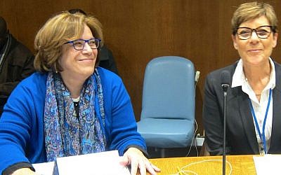 Hava Karrie, deputy director of the Golda Meir Mount Carmel Leadership Training Center (left) and Knesset Secretary Yardena Meller-Horowitz attend a seminar March 11, 2015 at the United Nations for the 59th Commission on the Statues of Women. (Cathryn J. Prince/The Times of Israel)