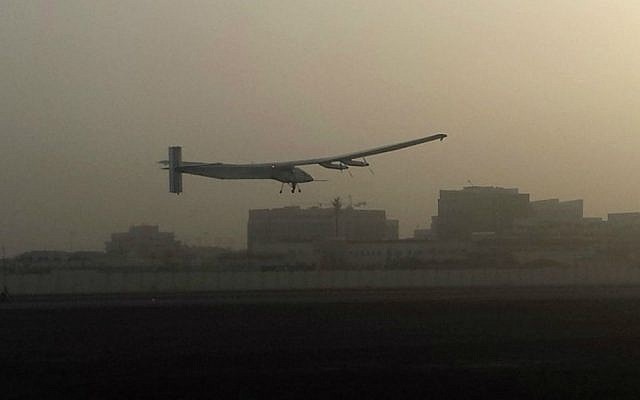 A Swiss solar-powered plane takes off at an airport in Abu Dhabi, United Arab Emirates, early Monday, March 9, 2015, marking the start of the first attempt to fly around the world without a drop of fuel. (AP Photo/Aya Batrawy) A Swiss solar-powered plane takes off at an airport in Abu Dhabi, United Arab Emirates, early Monday, March 9, 2015, marking the start of the first attempt to fly around the world without a drop of fuel. (AP Photo/Aya Batrawy)
