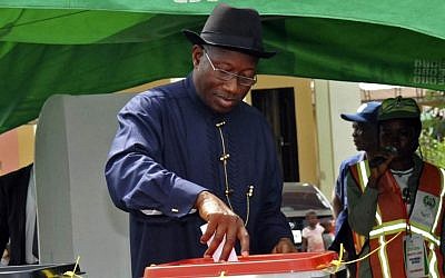 Nigerian President Goodluck Jonathan casts his ballot, in Otuoke, Nigeria, Saturday, March 28, 2015. (photo credit: AP/Nigeria State House)