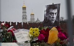 A shrine on the site of Boris Nemtsov's murder, March 2, 2015. (photo credit: AP Photo/Ivan Sekretarev)