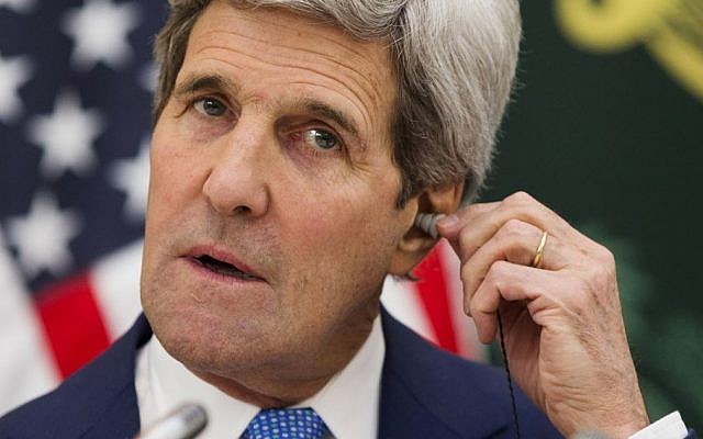 US Secretary of State John Kerry at a news conference with Saudi Foreign Minister Saud bin Faisal bin Abdulaziz Al Saud on Thursday, March 5, 2015, in Riyadh, Saudi Arabia. (Photo credit: AP/Evan Vucci, Pool) US Secretary of State John Kerry at a news conference with Saudi Foreign Minister Saud bin Faisal bin Abdulaziz Al Saud on Thursday, March 5, 2015, in Riyadh, Saudi Arabia. (Photo credit: AP/Evan Vucci, Pool)