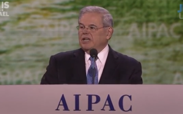 Robert Menendez speaks to AIPAC on March 2 (AIPAC screenshot)