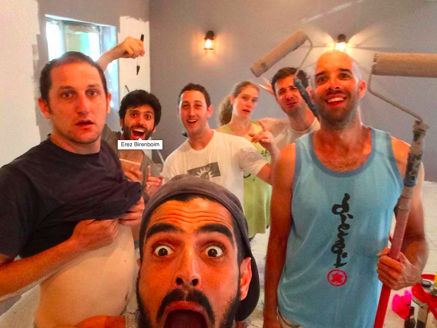 Birenboim (second from left) and his fellow comics doing the reno work on his club (Courtesy Standup Factory)