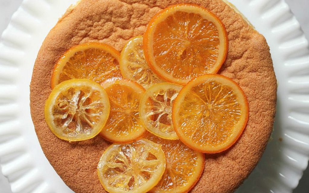 Candying citrus is easy and adds a gorgeous twist to a classic sponge cake. (Sheri Silver/JTA)