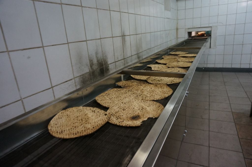 Matzah on the production line of the Tiferet Hamatzot factory in Dnepropetrovsk, Ukraine, Dec. 8, 2014. (Cnaan Liphshiz/JTA) Matzah on the production line of the Tiferet Hamatzot factory in Dnepropetrovsk, Ukraine, Dec. 8, 2014. (Cnaan Liphshiz/JTA)