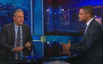 'Daily Show' host Jon Stewart and his successor Trevor Noah (screen capture: YouTube)